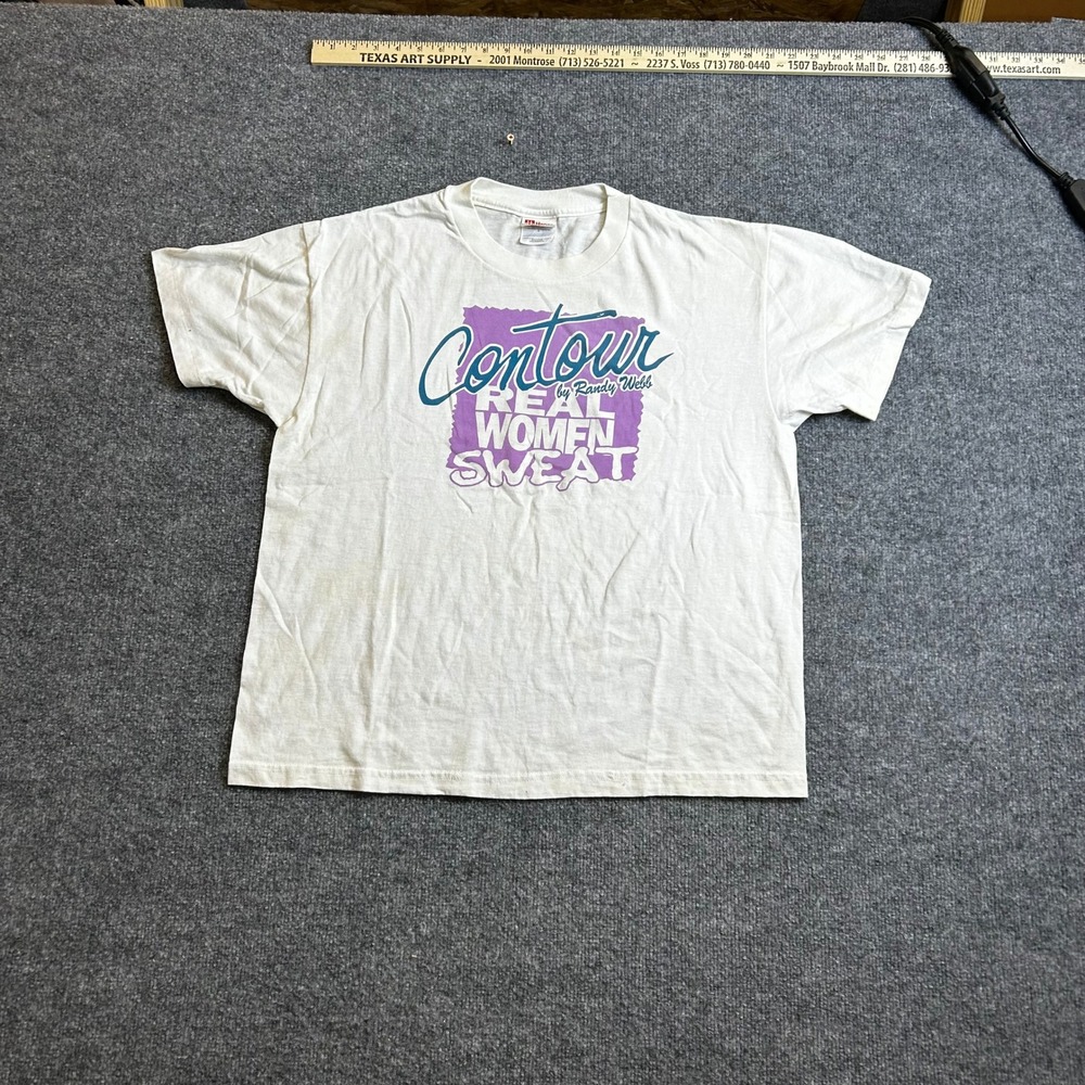 Hanes T-Shirt Womens Size L White Vintage 90s Contour Fitness Graphic USA Made
